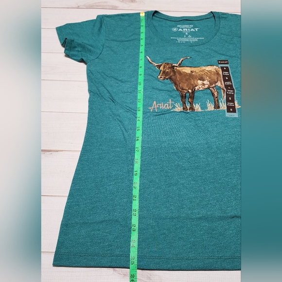 NWT Ariat Longhorn Watercolor Short Sleeve Teal Green T-Shirt Size Small / Large - Picture 7 of 11